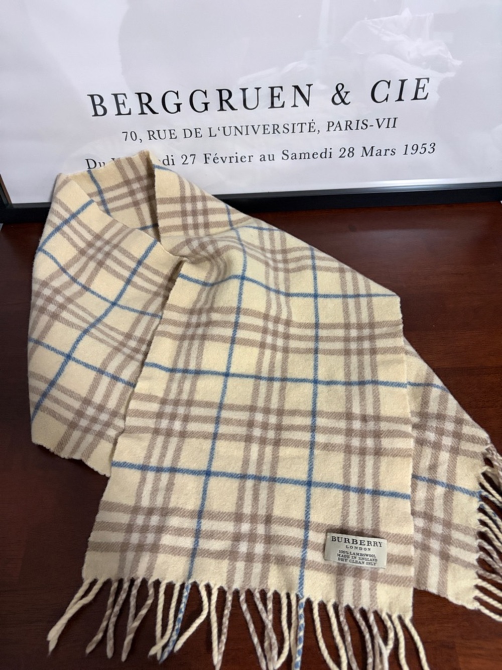 Burberry Beige Check Lambswool Scarf with Blue Stripe